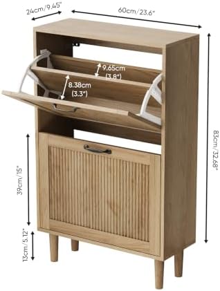 2 Tier Entryway Shoe Storage Cabinet Closed Space Saving Hidden Shoe Organizer with Ribbed Doors Freestanding for Hallway Bedroom Walnut Finish (Natural Oak, 23.6")
