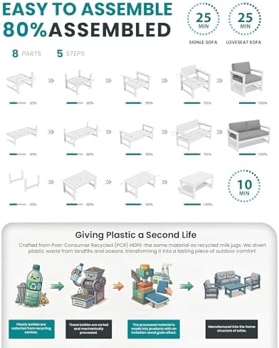 SERWALL 8 Pieces HDPE Outdoor Conversation Sofa Set with Cushion