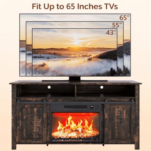 VINGLI 58" Farmhouse Fireplace TV Stand for up to 65" TVs, Dark Rustic Oak