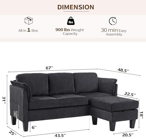 Modern Convertible L Shaped Sofa with Reversible Chaise,3-Seater Corduroy Couch with Storage Movable Ottoman, Sectional Couches for Small Spaces, Living Room, Apartment, Black