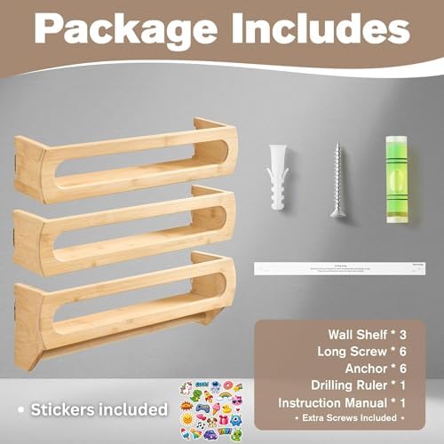 Nursery Shelves for Wall, Premium Bamboo Wood, Fully Assembled - Nursery Book Shelves, Book Shelf for Kids Rooms, Multi-Use Floating Shelves for Wall, Set of 3 (Natural, 16.5 Inches)