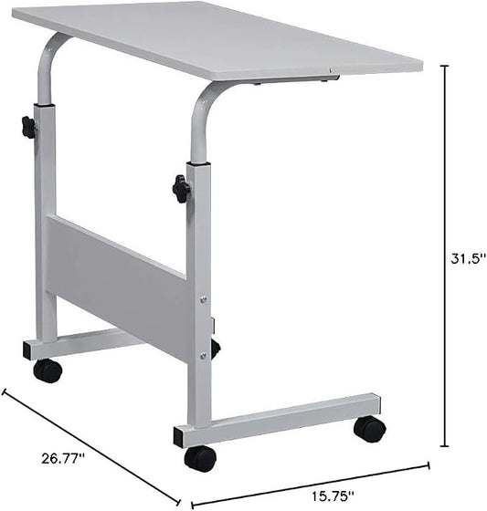 Standing Desk - Side Table Adjustable Height, Portable Laptop Cart, C-Shaped Bed Couch end Tables with Edge Stopper - Wheels for Living Room Bedroom Walking Pad Treadmill 31.5Inch White