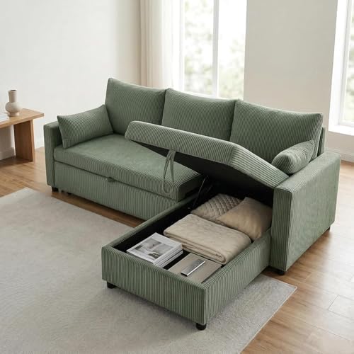 Queen Sleeper Sofa, Convertible Sofa Bed with Storage, 85 Inch Sectional Couch with Pull Out Bed, L Shaped 3 Seat Sectional Sleeper Sofa for Living Room, Apartment, Green