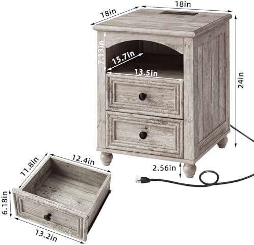 RWYHG 18" Night Stand with Charger Station, Nightstand with 2 Drawers