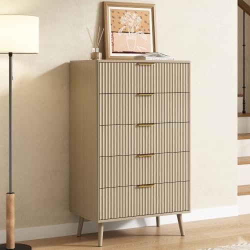 CARPETNAL Fluted 5 Drawers Dresser for Bedroom, 45" Tall Wooden Chest of Drawers with Rounded Corners, Gold Handles, Modern Storage Organizer for Bedroom, Hallway (Beige)