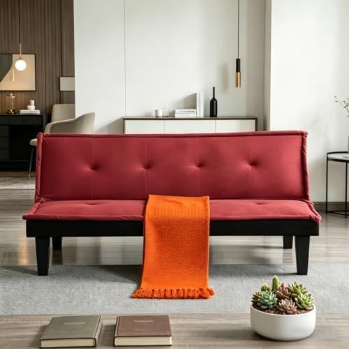 Convertible Futon Sofa Bed, Small Futon Couch with 5-Position Adjustable Backrest, Modern Sofa Bed for Small Spaces, Living Room, Bedroom, Apartment, Dark Red