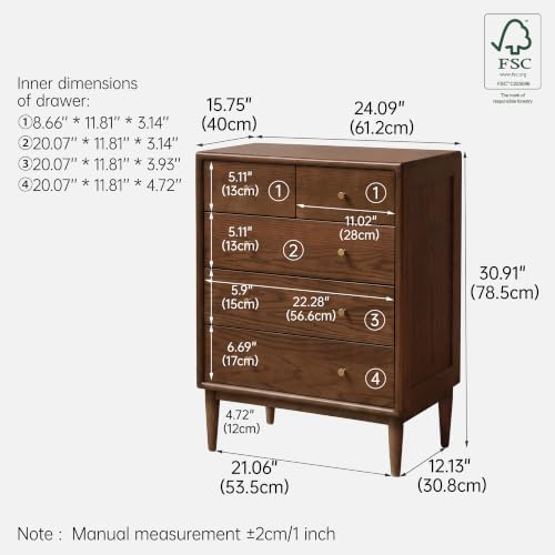 Solid Wood 5 Drawers Nightstand for Bedroom, Oak Wood