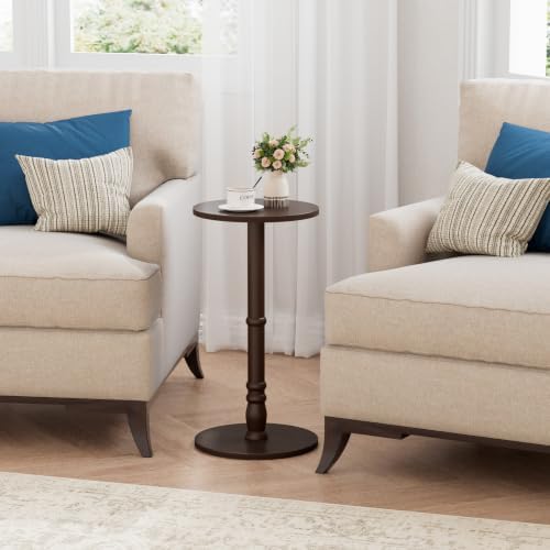 Round Side Table with Solid Wood Pillar, Small Drink Table