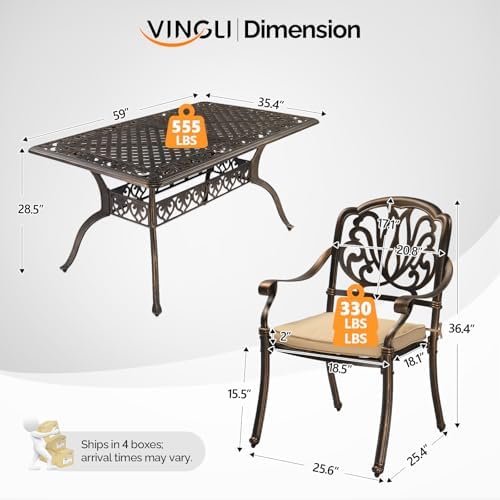 VINGLI 7 Pieces Outdoor Dining Set, Cast Aluminium All-Weather Patio Dining Set for 6 with Umbrella Hole, Outdoor Dining Table and Chairs with Cushion for Yard, Garden, Porch and Poolside, Bronze