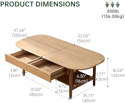 100% Solid Oak Wood Coffee Table with Storage for Living Room, 47.24"W