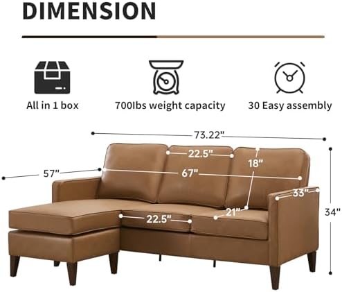 Faux Leather L Shaped Couch with Solid Wood Feet, 3-Seater Sofa with Reversible Chaise for Apartment, Sectional Couches for Living Room, Cognac Brown