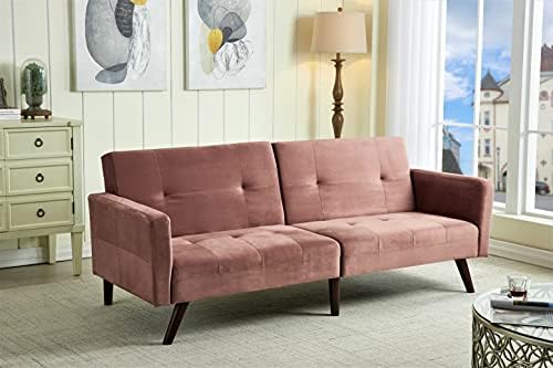 Container Furniture Direct Hasano 79" Sleeper Sofa Bed - Reclining Convertible to Full Bed - Tufted Linen Upholstery, Wooden Legs - Space-Saving Sofa Bed(79" L x 33" W x 33" H), Rose