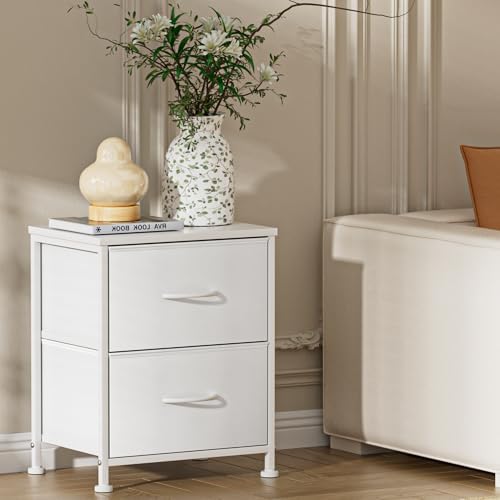 Hexago Nightstand Small Dresser with 2 Fabric Drawers Side Table, Nightstand Storage Chest, Bedroom End Table Kids Bedside Storage Furniture for Closet, Entryway, Dorm, White, 2 Pack