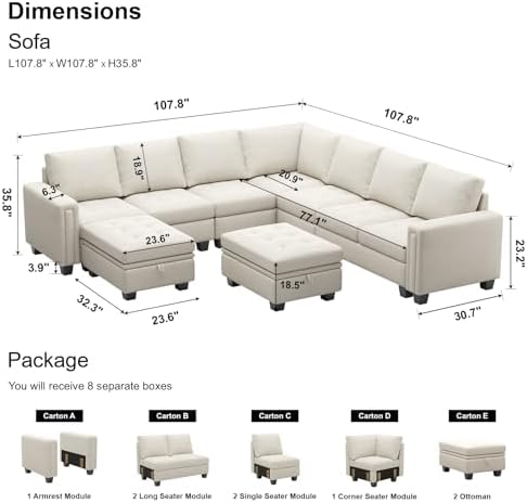 Belffin Modular Sectional Sofa U Shaped Sectional Couch with Storage Ottoman Velvet 9-Seater Convertible Sectional Sofa with Chaises Beige