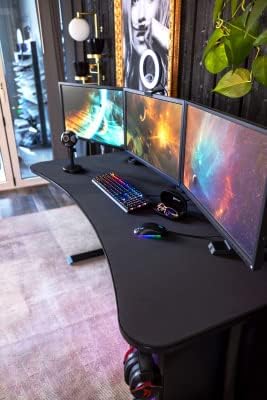 Arozzi Arena Ultrawide Curved Gaming and Office Desk with Full Surface Water Resistant DeskMat Custom Monitor Mount Cable Management Cut Outs Under The Desk Cable Management Netting - Dark Grey