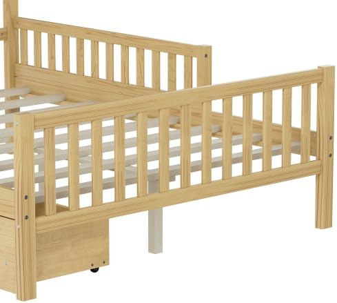 Bellemave Full Size Kids Platform Bed with Fences and 2 Drawers, Wooden Full Bed Frame with Guardrails on Both Sides for Boys Girls, Natural