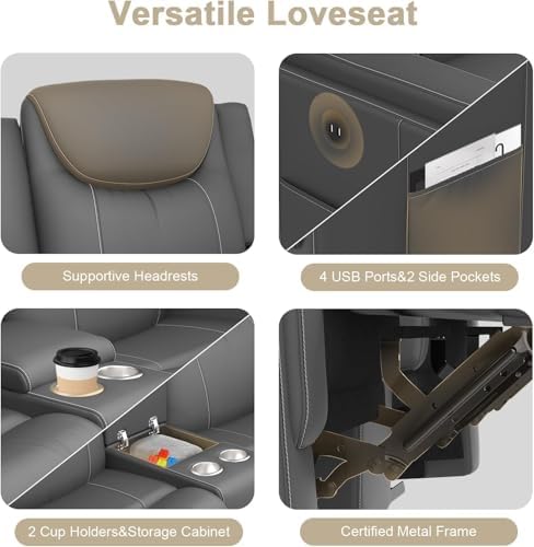 Dresegmt Loveseat Recliner Sofa, Gray PU Leather Double Recliner Loveseat with Console, Cup Holders, Storage & USB Ports, Ergonomics, Manual Reclining Sofa Couch for Living Room, RV