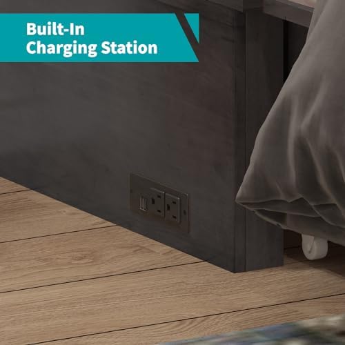BALUS Queen Size Murphy Bed Cabinet with Tri-fold Memory Foam Mattress and USB Charging Station, Cabinet Murphy Beds with Storage Drawer, Guest Wall Bed for Living Room Home Office, Grey