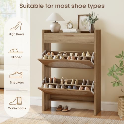 Quikraen Rattan Shoe Cabinet with 3 Drawers (2 Flip + 1 Slide), 31.5" Wide Wooden Shoe Storage Organizer for Entryway, Farmhouse Boho Tall Shoe Rack Cabinet with Anti-Tip Safety, Brown