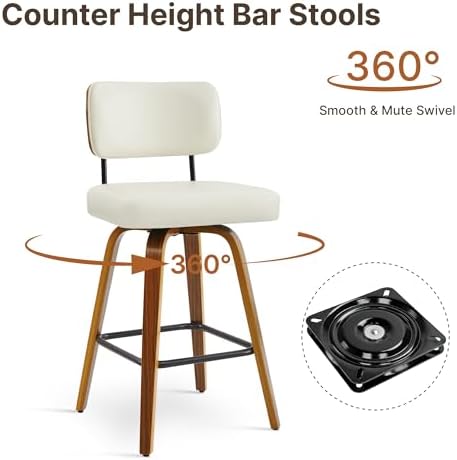 Swivel Bar Stools Set of 3, 26" Counter Height with Wooden Back, Ivory