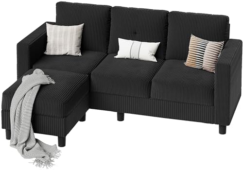 Convertible Sectional Couch Sofa for Small Spaces, L Shaped Modular Sofa with Removable Ottoman Storage, 3 Seat Modern Small Couches for Living Room in Apartment, Jet Black