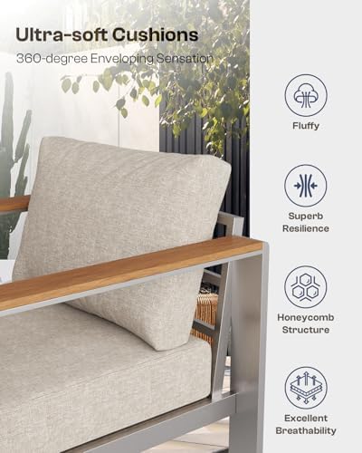 Aluminum Outdoor Patio Furniture, 3 Seats All-Weather Outdoor Patio Sofa with Washable Thick Cushion, Patio Sofa Couch for Porch, Balcony, Deck, Yard, Silver