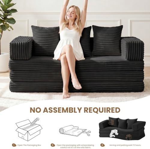 Convertible Sofa Bed,3 Seater Couch Futon Sleeper Sofa with Removable Armrests Backrest,Corduroy Folding Floor Boneless Couch for Living Room,Small Space,Black