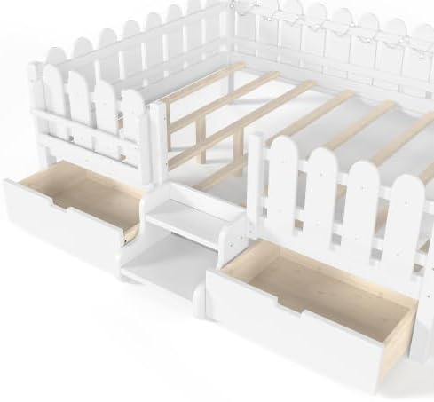 Bellemave Queen Size Platform Bed with Storage Drawers & Bookshelf for Boys Girls, Kids Queen Bed Frame with LED Lights & Stairs for Children's Room, White