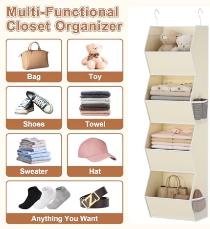 Hanging Closet Organizer 4 Shelf Collapsible Fabric Closet Organizers and Storage Hanging with Mesh Pocket for Clothes, Hanging Wardrobe Organizers and Storage for Sweater T-Shirt Shoes Toys, Beige