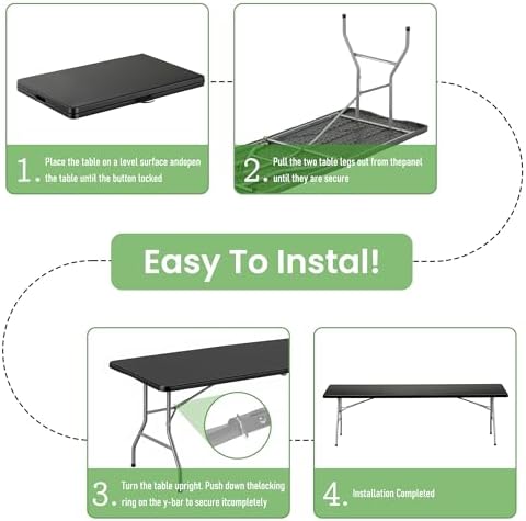 8FT Black Plastic Folding Table, Fold-in-Half with Carry Handle