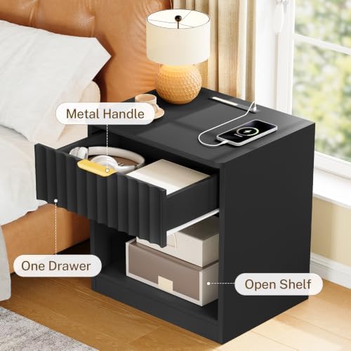 Fluted Nightstands Set of 2, Night Stand with Charging Station and LED Light, Nightstand with Storage Drawer and Open Shelf, Bedside Table for Small Space, Bedroom, Black