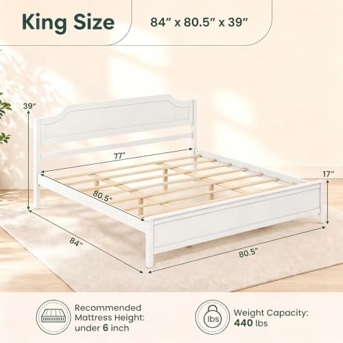 KOMFOTT King Size Bed Frame with Headboard, Wood Platform Bed (White)