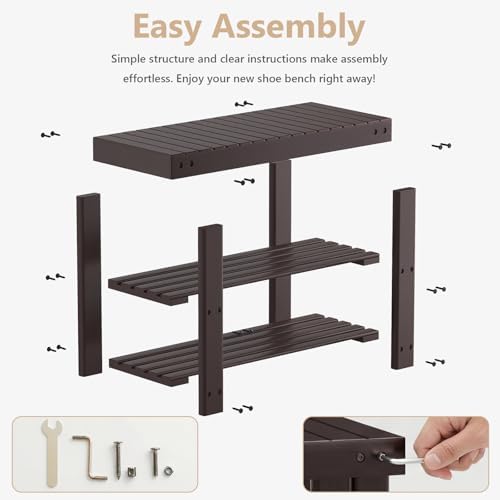 NEWBULIG Shoe Rack Bench, 3-Tier Bamboo Organizer, 11x28x18in, Dark Brown