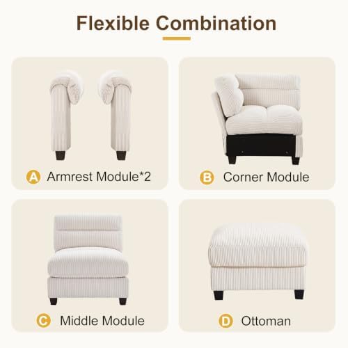 HAOMARKETS 115" Modular Sectional Sofa Couch with 3 Movable Ottoman, Oversized Corduroy L Shaped Couches with Rolled Arms, 10-Seater Corner Sofas with Reversible Chaises for Living Room, Beige