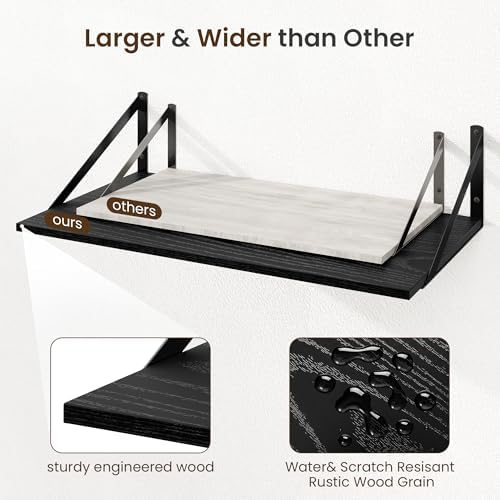 Floating Shelves for Wall, 12 Inch Deep Floating Shelves Set of 2, 24W x 12D Large Wall Shelf with Sturdy Metal Brackets for Living Room, Bathroom, Bedroom and Kitchen, Black