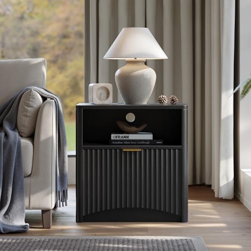 Evermagin Fluted Nightstand Set of 2 with Charging Station, Black