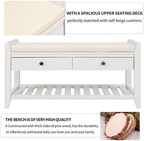 Merax Farmhouse Wood Shoe Bench with Storage and Seat Cushion Entryway Bench with Shoe Shelf and Drawers White
