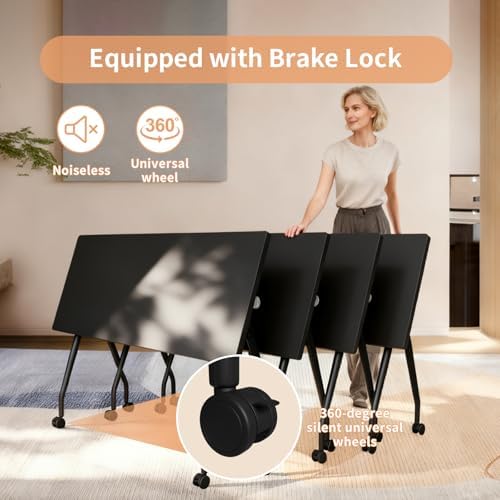 Folding Conference Table with Wheels, 8 Pack Modular Flip Top Conference Tables for Training Rooms, Mobile Modern Office Table, 47.2 Inch Large Conference Room Table, Black