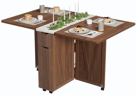 IDEALHOUSE Folding Dining Table, Folding Kitchen Table with Drawers and Storage, Apartments, Small Spaces, Brown