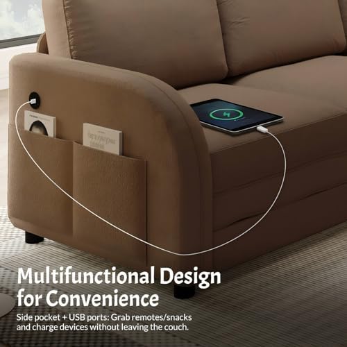 HANXIN 85.1" L-Shaped Sofa Couch with Pull Out Bed, Oversize Convertible Sectional Sleeper Sofa with Side Pocket & USB Port, 5 Seat Sherpa Fleece Upholstered Couches for Living Room(Brown)