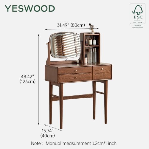 Solid Oak Makeup Vanity Desk with Adjustable LED Light Mirror