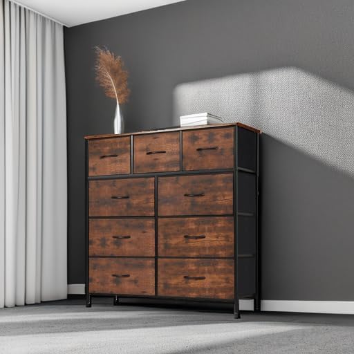 DUMOS 9 Drawer Dresser for Bedroom, Storage Organizer Chest of Drawers | Fabric Bins Storage Tower with Sturdy Metal Frame, Wood Tabletop for Closet, Brown