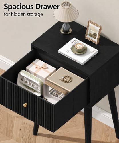 Akxomel Small Nightstand Set 2 Fluted Wooden Nightstands Wood Legs Black