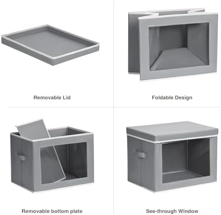 Stackable Storage Bins with Lids - Medium Storage Box with Lids, Foldable Closet Boxes for Organizing, Wardrobe Clothes Organizer with Window, Cubes Bins for Living Room, 5 Pack, Grey