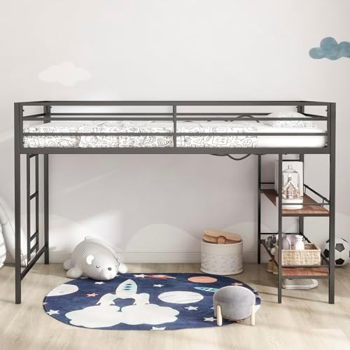 GDFStudio Junior Twin Loft Bed Frame, Twin Size Corner Bed with Cinnamon Wood Shelf,No Box Spring Needed, Noise Free, Black