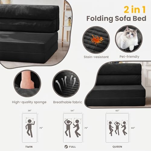 JUIKURY Folding Sofa Bed, Convertible Sleeper Chair with Pilow Foldable Matress, 2 in 1 Pull Out Loveseat Sofa Portable Fold Out Chair Bed Floor Couch Lounge for Living Room (Black, Queen)