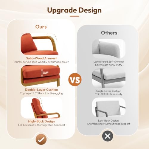 Bonnlo High Back Linen Burnt Orange Mid Century Modern Accent Chair, Soild Wood Padding Lounge Armchairs Side Sitting Chairs for Living Room, Bedroom, Guest Room