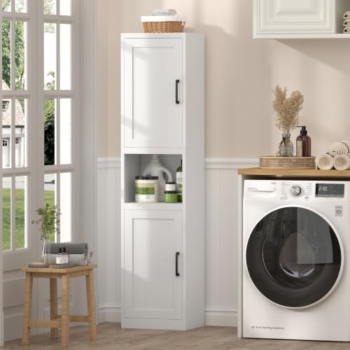 Tall Bathroom Cabinet, Slim Cabinet with 3 Adjustable Shelves, 2 Doors Narrow Storage for Bathroom, 67" H Floor Cabinet for Entryway, Kitchen, White