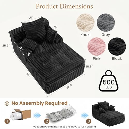 Boneless Chaise Lounge Couch Indoor, Small Corduroy Upholstered Sleeper Sofa Bed Reading Chairs with 3 Pillows, Fluffy Comfy Cloud Sofas Couches, Compression Boneless Sofa for Small Corner