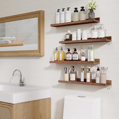 Heimlove Picture Ledge Shelf,48 inch Long Floating Shelves for Wall Set of 4,Picture Shelf with Lip for Wall Decor,Living Room,Bedroom,Bookshelf,Nursery,Perfume,Walnut Color